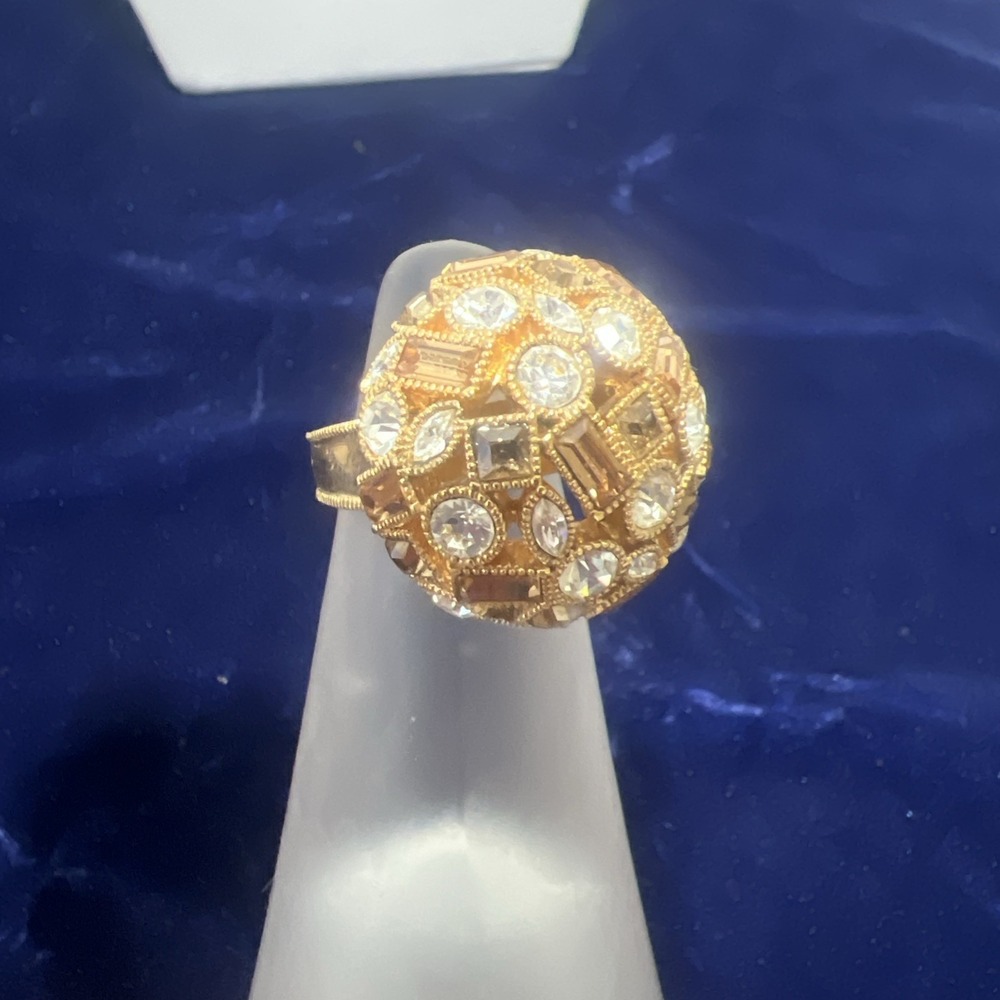 Vtg MK Rhinestone Cocktail Dome Ring-brown topaz & clear multi cut stones sz 6